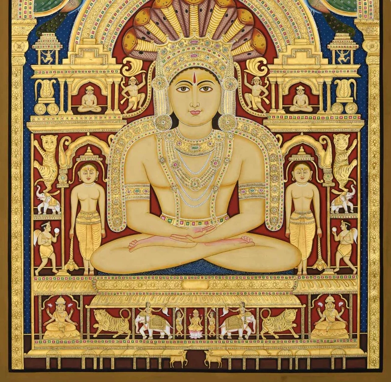 Classical Jain iconography of Parshvanath Bhagwan with intricate detail